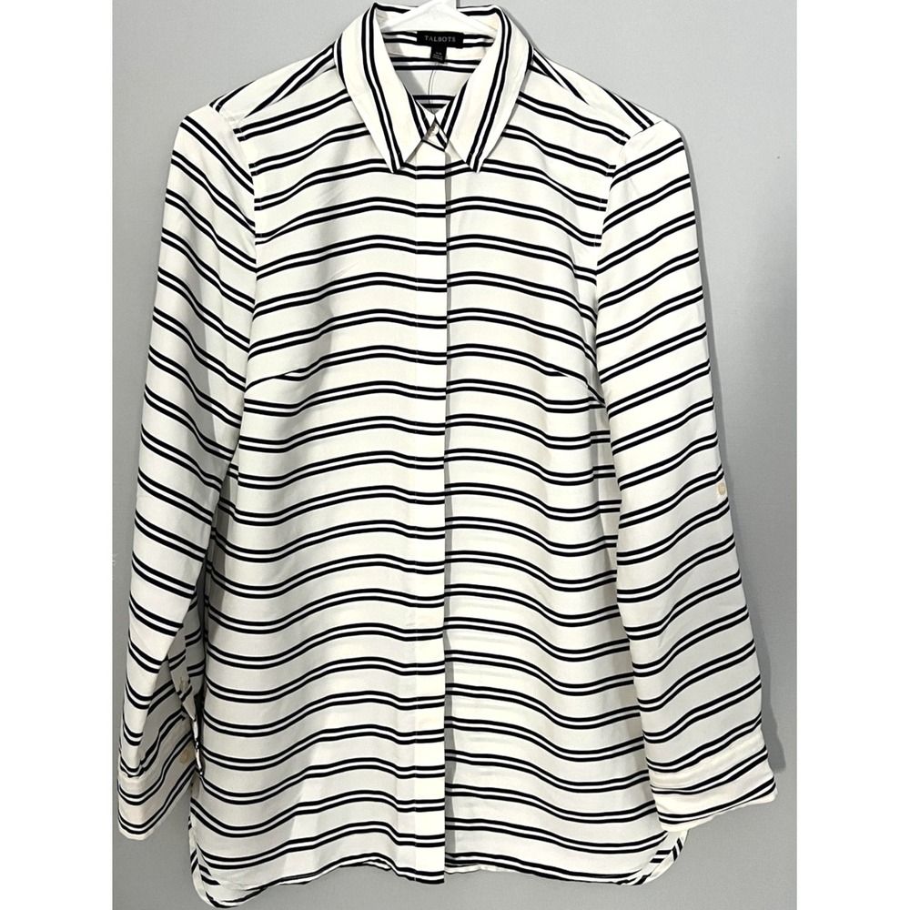 Talbots Shirt Womens XS White Navy Striped Button Down Long Sleeve Collared NWT